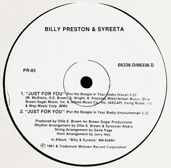 Billy Preston & Syreeta / Ozone (5) : Just For You (Put The Boogie In Your Body) / Gigolette (12")