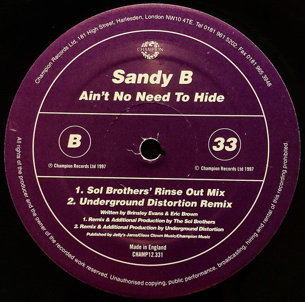 Sandy B : Ain't No Need To Hide (12")