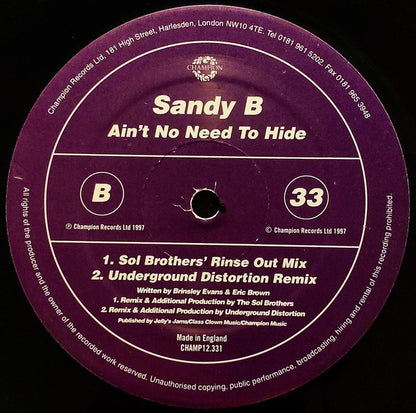 Sandy B : Ain't No Need To Hide (12")