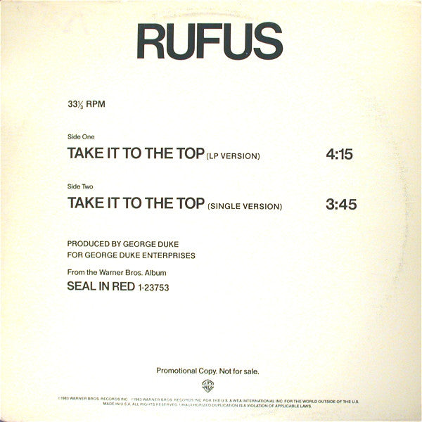 Rufus : Take It To The Top (12", Promo)