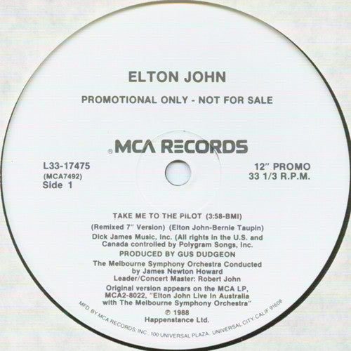 Elton John : Take Me To The Pilot (12", Promo)
