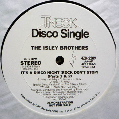 The Isley Brothers : It's A Disco Night (Rock Don't Stop) (Parts 1 & 2) / Ain't Givin' Up No Love (12", Promo)