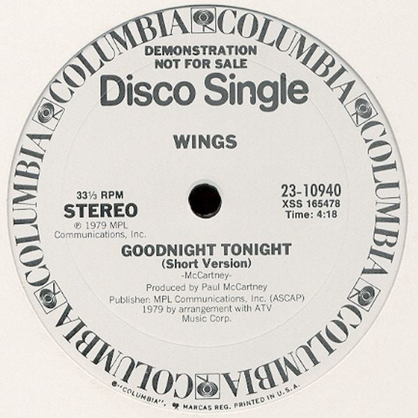 Wings (2) : Goodnight Tonight (12", Promo)