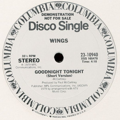 Wings (2) : Goodnight Tonight (12", Promo)