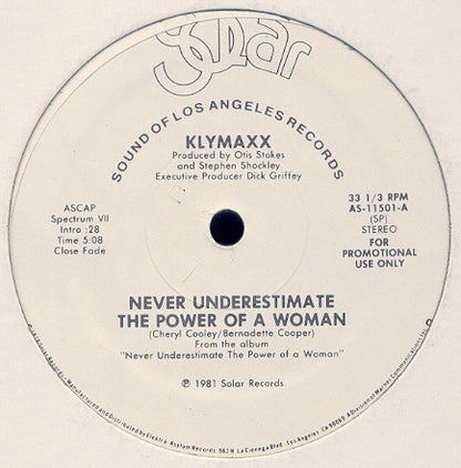 Klymaxx : Never Underestimate The Power Of A Woman (12", Mono, Promo, SRC)