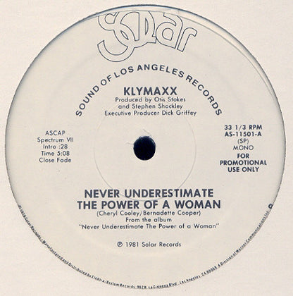 Klymaxx : Never Underestimate The Power Of A Woman (12", Mono, Promo, SRC)
