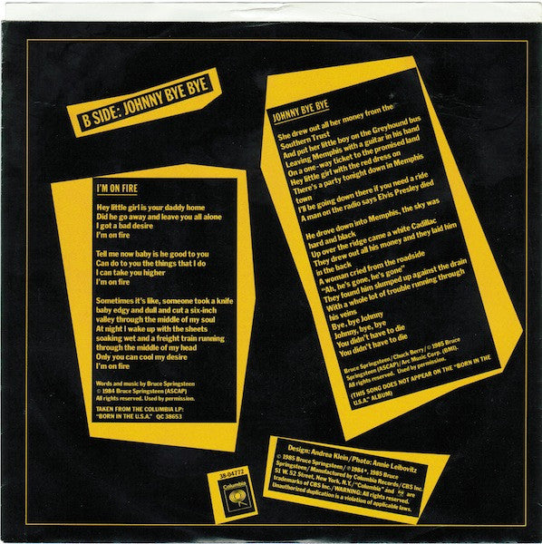 Bruce Springsteen : I'm On Fire (7", Single, Styrene, Car)