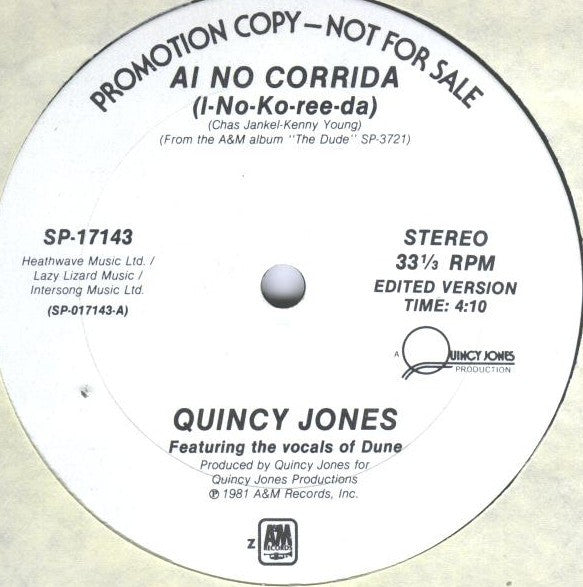 Quincy Jones : Ai No Corrida (I-No-Ko-Ree-Da) (12", Promo)