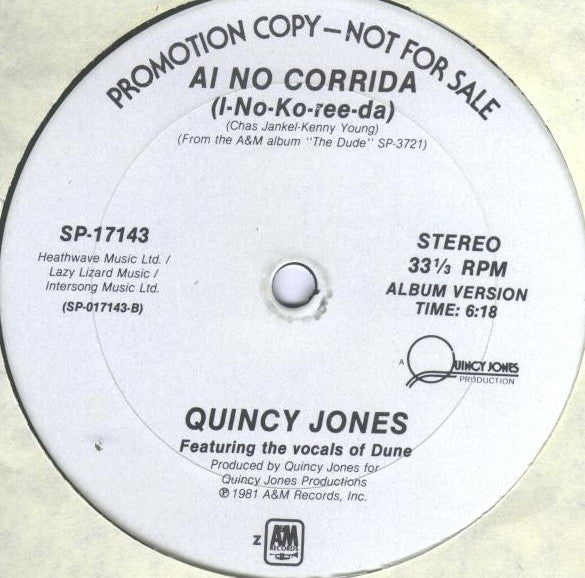 Quincy Jones : Ai No Corrida (I-No-Ko-Ree-Da) (12", Promo)