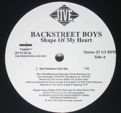 Backstreet Boys : Shape Of My Heart (Soul Solution Remixes) (12", Promo)