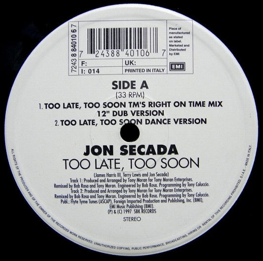 Jon Secada : Too Late, Too Soon (12")