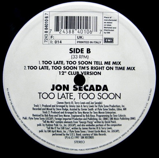 Jon Secada : Too Late, Too Soon (12")