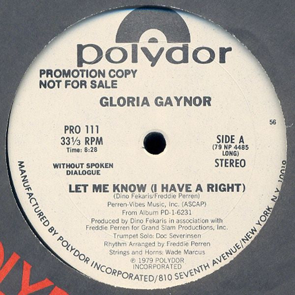 Gloria Gaynor : Let Me Know (I Have A Right) (12", Promo)