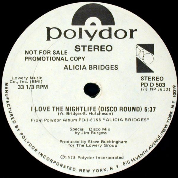 Alicia Bridges : I Love The Nightlife (Disco Round) (12", Promo)