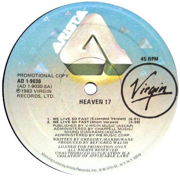 Heaven 17 : We Live So Fast / Temptation (12", Promo)