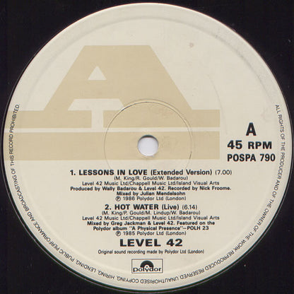 Level 42 : Lessons In Love / Something About You (12", Ltd)