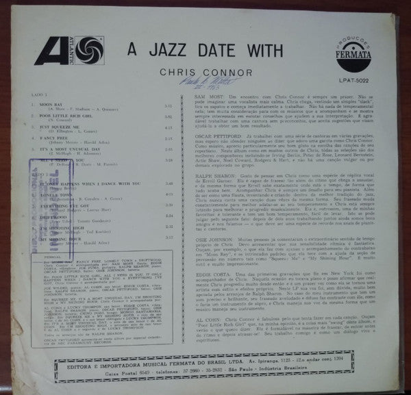 Chris Connor : A Jazz Date With Chris Connor (LP, Album, Mono)