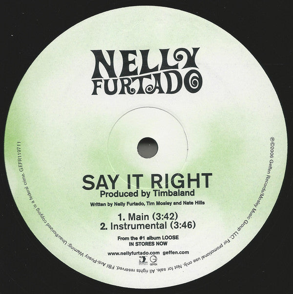 Nelly Furtado : Say It Right (12", Promo)