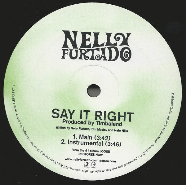 Nelly Furtado : Say It Right (12", Promo)