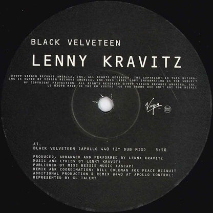 Lenny Kravitz : Black Velveteen (Remixes By Apollo 440) (12", Promo)
