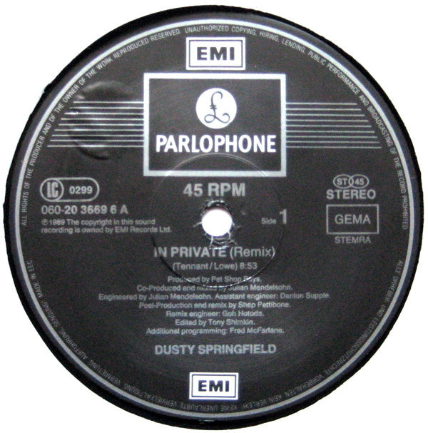 Dusty Springfield : In Private (Remix) (12", Single)