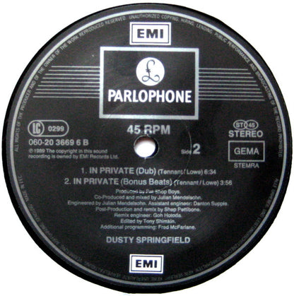 Dusty Springfield : In Private (Remix) (12", Single)