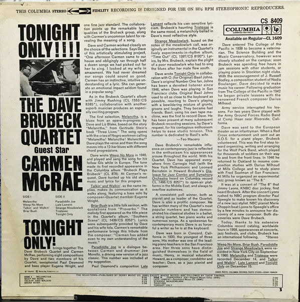The Dave Brubeck Quartet Guest Star Carmen McRae : Tonight Only! (LP, Album, Ter)