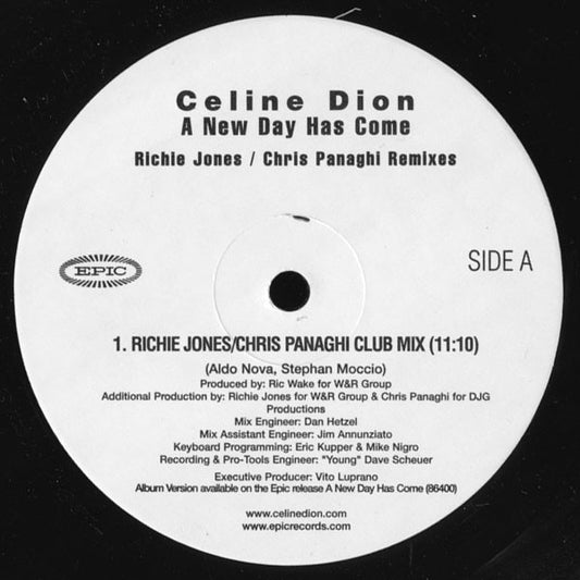 Céline Dion : A New Day Has Come (Richie Jones / Chris Panaghi Remixes) (12", Promo)