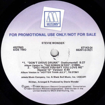 Stevie Wonder : Don't Drive Drunk / Did I Hear You Say You Love Me (12", Promo)