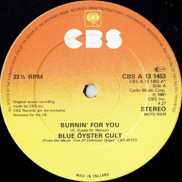 Blue Öyster Cult : Burnin' For You (12", Single)