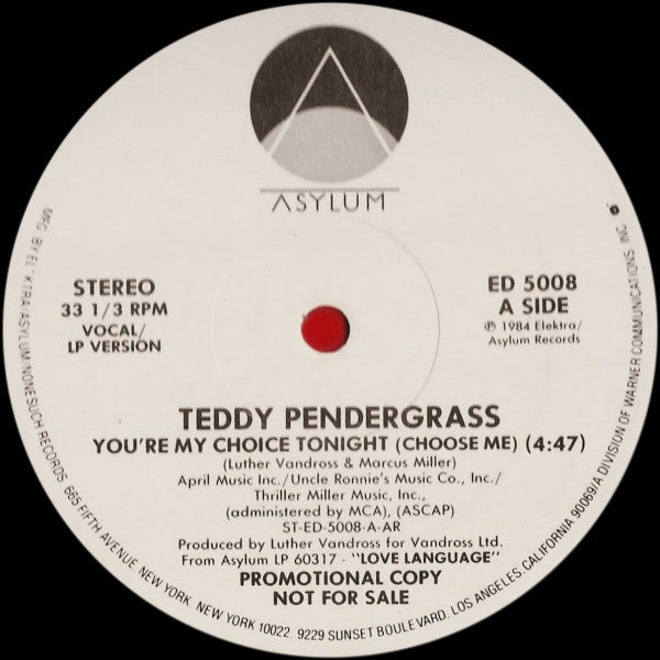Teddy Pendergrass : You're My Choice Tonight (Choose Me) (12", Promo)