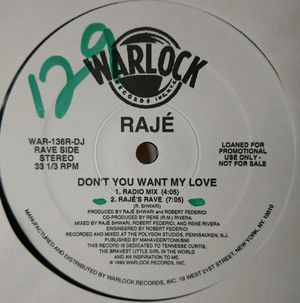 Raje Shwari : Don't You Want My Love (12", Promo)