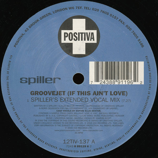 Spiller : Groovejet (If This Ain't Love) (12", Single)