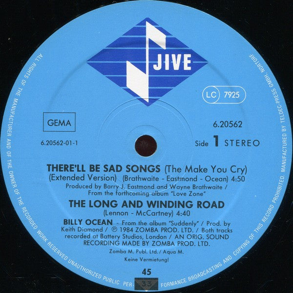 Billy Ocean : There'll Be Sad Songs (To Make You Cry) (12", Maxi)