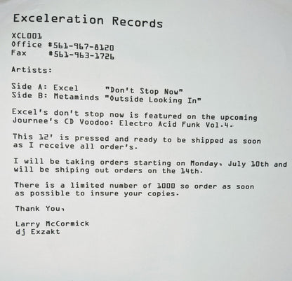 Excel, Metaminds : Don't Stop Now / From the Outside Looking In (12", W/Lbl, Sti)
