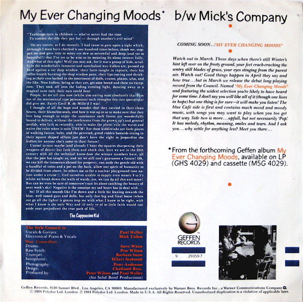 The Style Council : My Ever Changing Moods (7", Single, Promo)