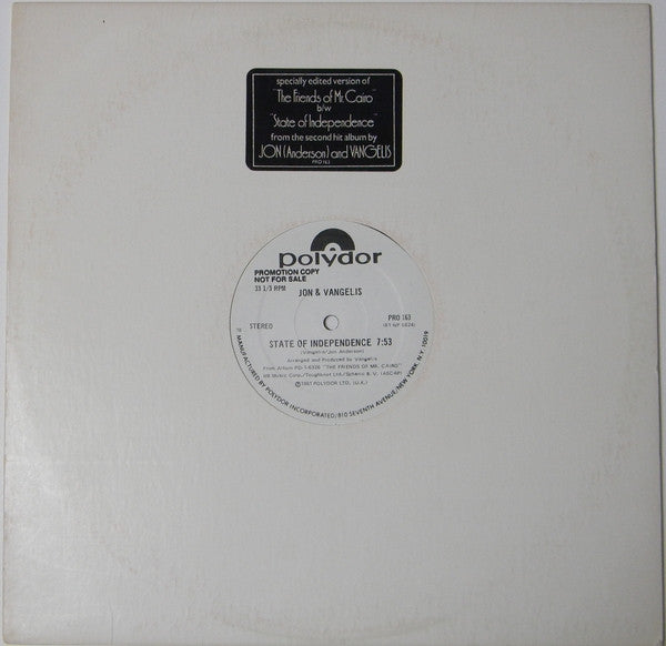 Jon And Vangelis* : The Friends Of Mr. Cairo / State Of Independence (12", Promo)