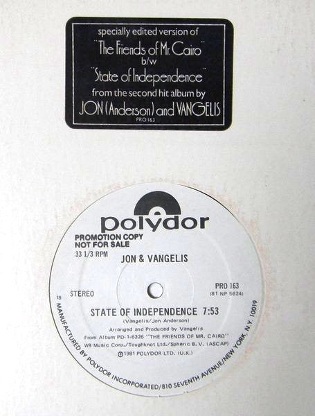 Jon And Vangelis* : The Friends Of Mr. Cairo / State Of Independence (12", Promo)