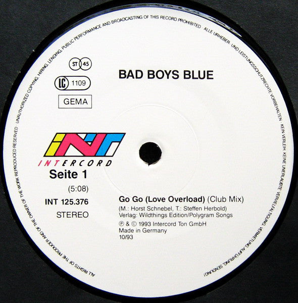 Bad Boys Blue : Go Go (Love Overload) (12", Maxi)