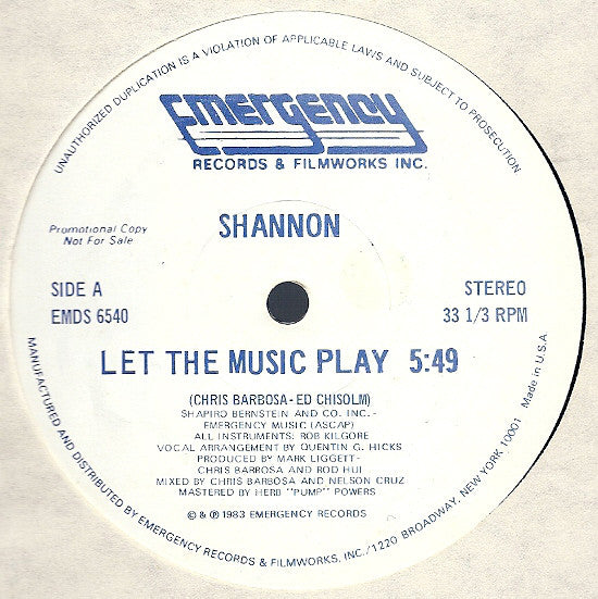 Shannon : Let The Music Play (12", Promo)