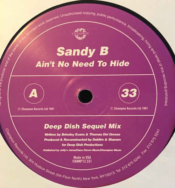 Sandy B : Ain't No Need To Hide (2x12")