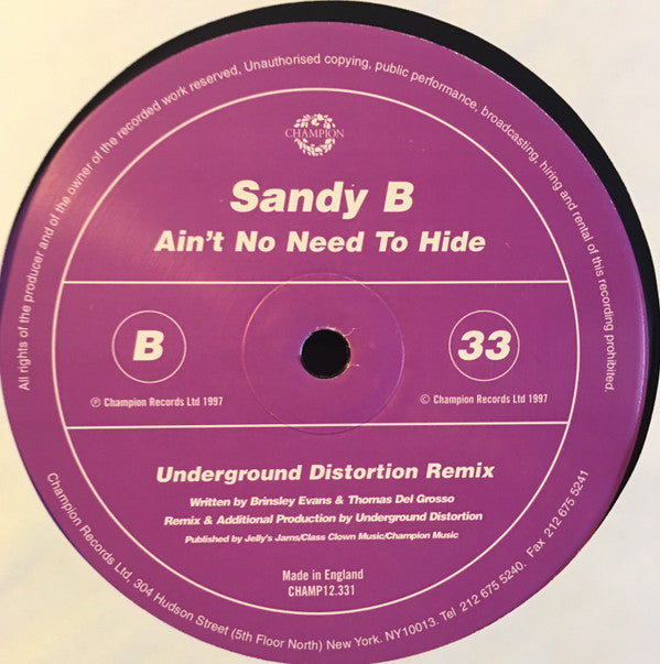 Sandy B : Ain't No Need To Hide (2x12")
