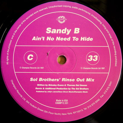 Sandy B : Ain't No Need To Hide (2x12")
