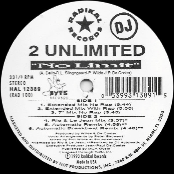 2 Unlimited : No Limit (12", Promo)