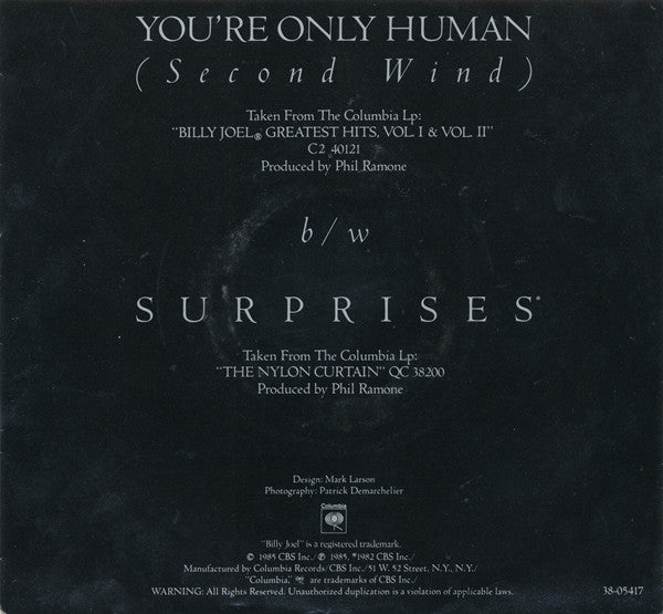 Billy Joel : You're Only Human (Second Wind) (7", Single, Styrene, Pit)