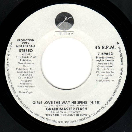 Grandmaster Flash : Girls Love The Way He Spins (7", Promo)