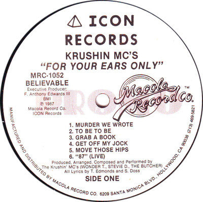 Krushin MC's : For Your Ears Only (LP, Album, Promo)
