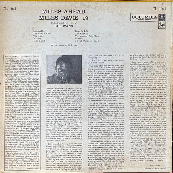 Miles Davis + 19 - Orchestra Under The Direction Of Gil Evans : Miles Ahead (LP, Album, Mono, Hol)