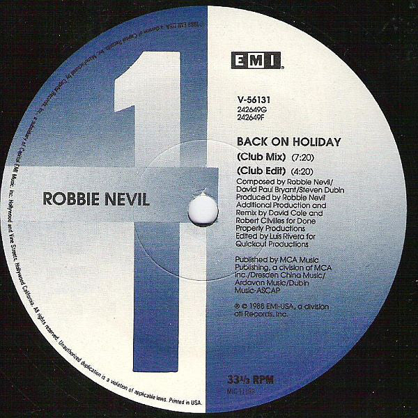 Robbie Nevil : Back On Holiday (New Mixes) (12")