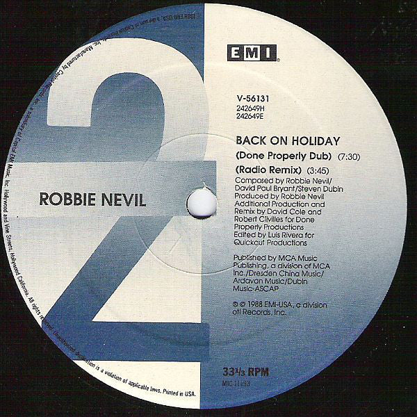 Robbie Nevil : Back On Holiday (New Mixes) (12")